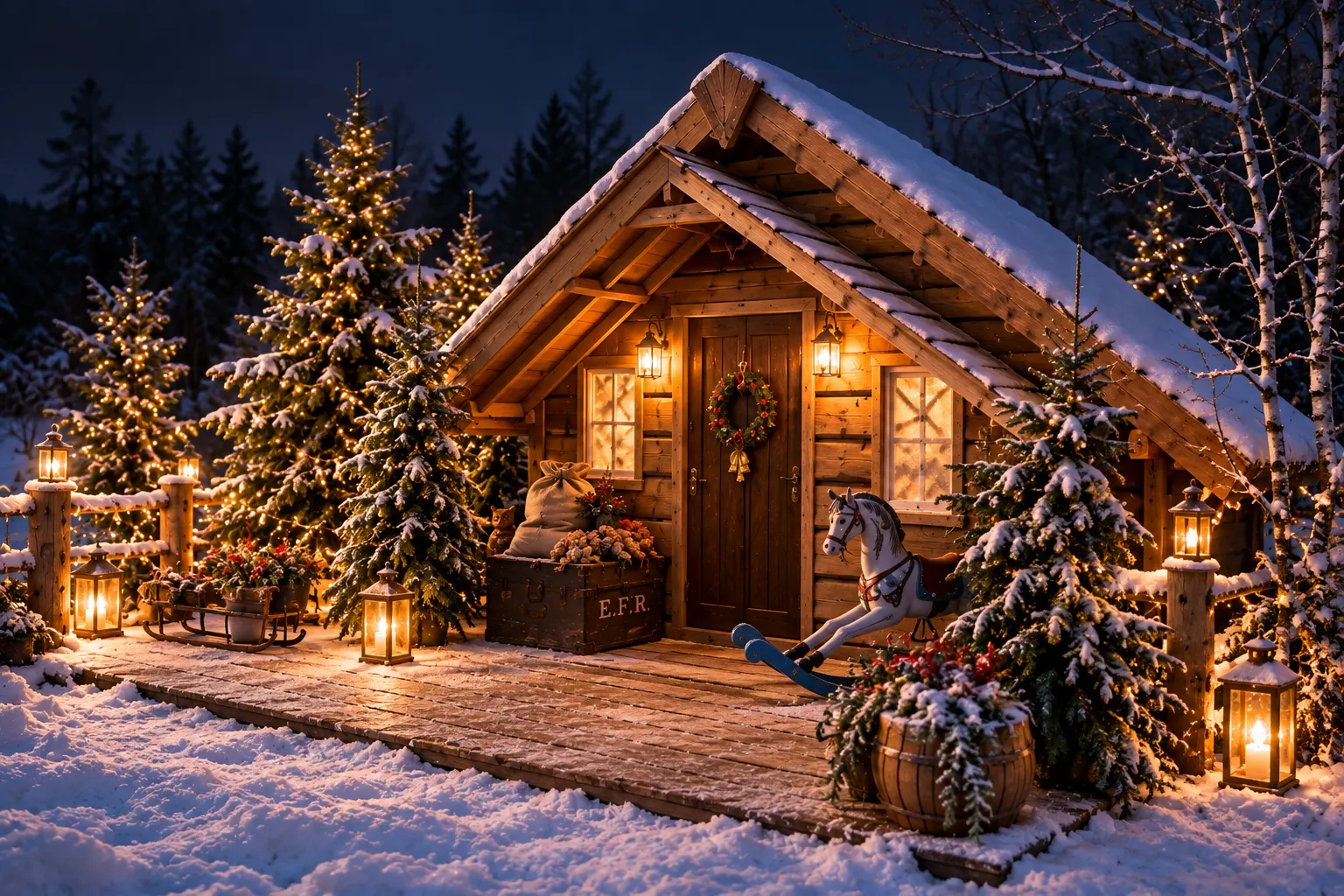 The woodland grotto at Ottershaw Christmas Tree Farm, lit by lanterns in the snow.